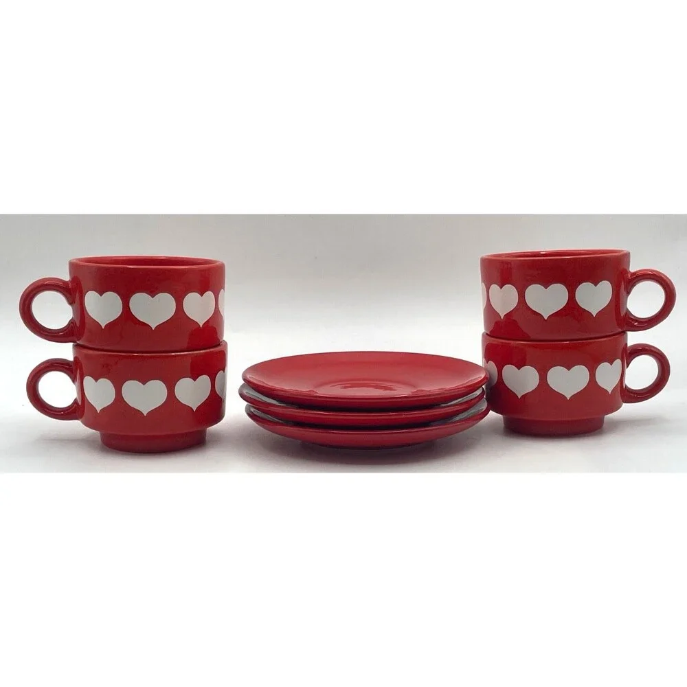 Vintage Red Heart Waechtersbach 4 Tea Cups & 3 Saucers Stackable Retired MINT
